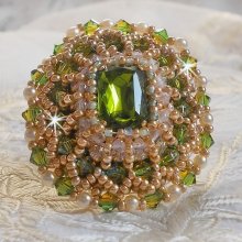 Garden Party ring embroidered with a 1960's bohemian crystal cabochon, Swarovski crystals, pearl beads and seed beads 